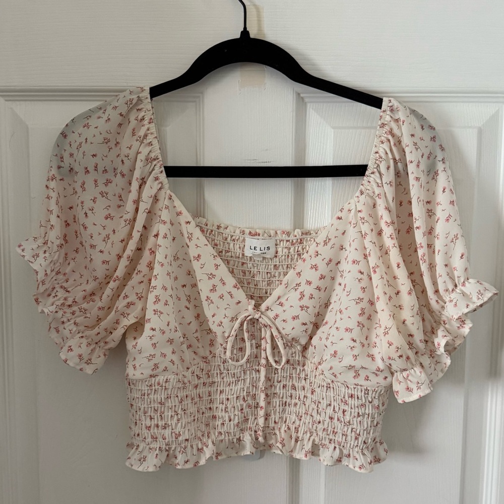 Le Lis Cream Puff Sleeve Crop Blouse Babydoll Top